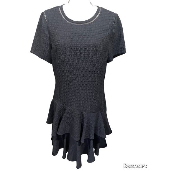 Rebecca Taylor Dress Size 12 Navy Blue Short Sleeve Zip Up Back Lined Ruffled - Picture 1 of 7